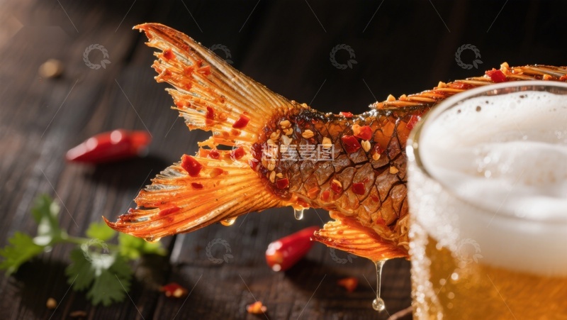 高清大图下载【趣麦麦图】香辣烤鱼配啤酒，美味佳肴