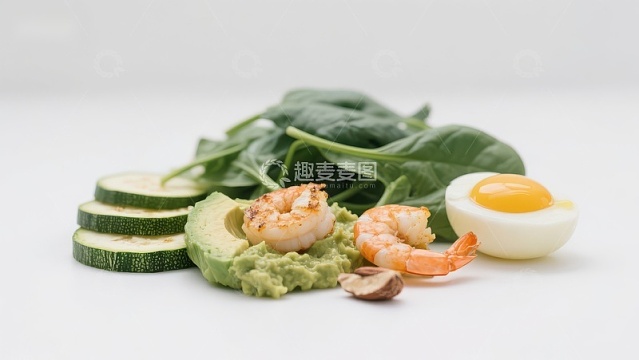 健康食材组合：虾仁、牛油果、鸡蛋与蔬菜