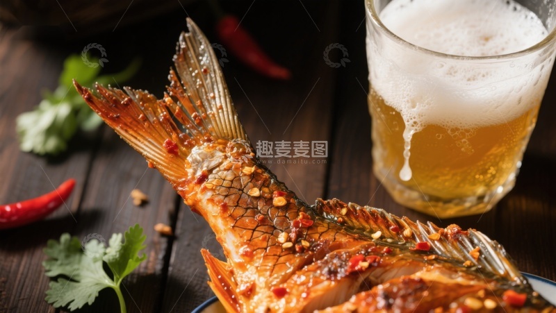 高清大图下载【趣麦麦图】香辣烤鱼配啤酒