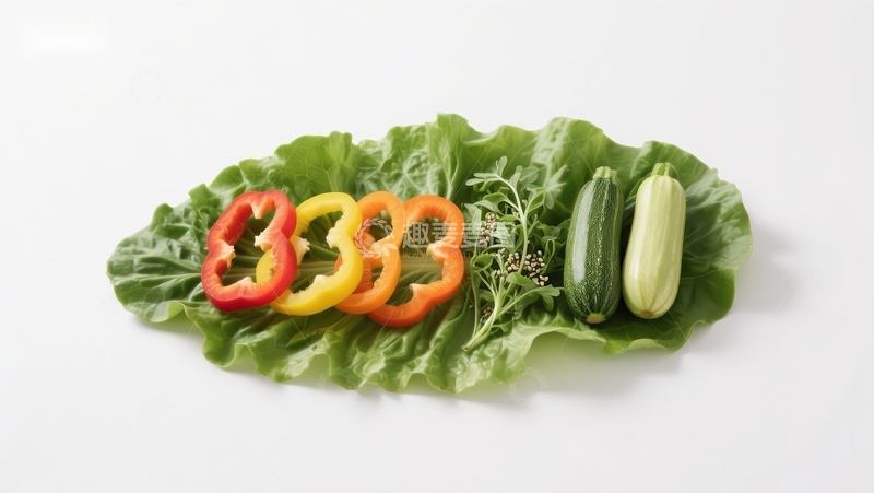 高清大图下载【趣麦麦图】新鲜蔬菜拼盘：彩椒、黄瓜与香草