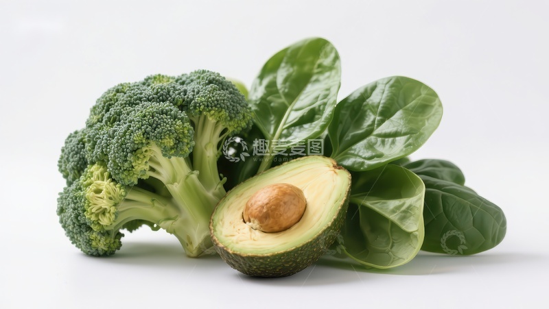 高清大图下载【趣麦麦图】新鲜蔬菜组合：西兰花、牛油果与菠菜