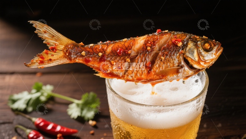 高清大图下载【趣麦麦图】啤酒杯上的香辣烤鱼