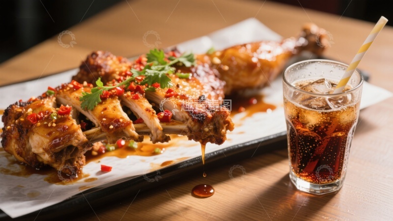 高清大图下载【趣麦麦图】香辣烤肉配冰镇饮料