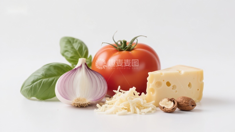 高清大图下载【趣麦麦图】新鲜食材组合：番茄、大蒜、奶酪与香草