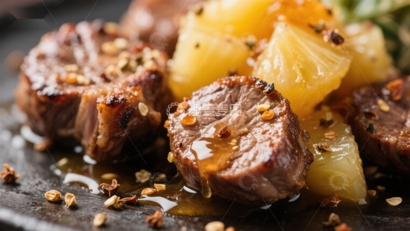 高清大图下载【趣麦麦图】煎烤牛肉配菠萝块