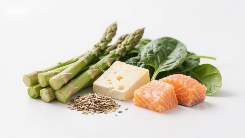 高清大图下载【趣麦麦图】健康食材组合：芦笋、三文鱼、奶酪与菠菜