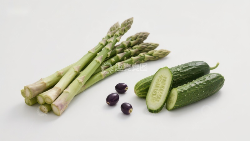 高清大图下载【趣麦麦图】新鲜蔬菜组合：芦笋、黄瓜与葡萄