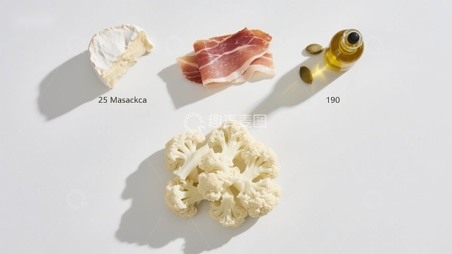 食材组合：花椰菜、奶酪、火腿与橄榄油