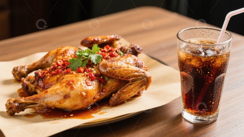 高清大图下载【趣麦麦图】香辣烤鸡配冰镇饮料