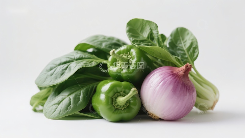 高清大图下载【趣麦麦图】新鲜蔬菜组合：菠菜、青椒与洋葱