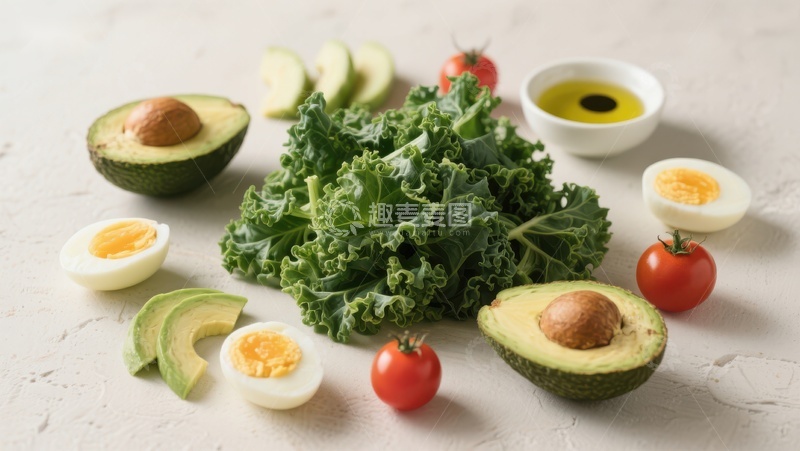 高清大图下载【趣麦麦图】健康食材组合：牛油果、鸡蛋与绿叶蔬菜