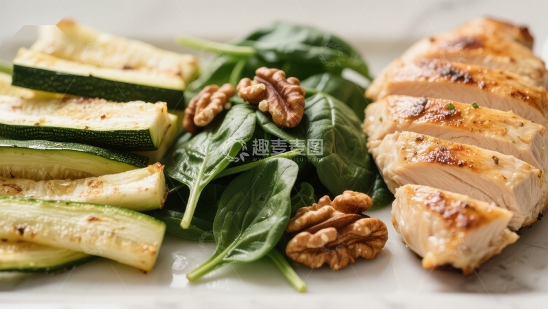 高清大图下载【趣麦麦图】烤鸡胸配西葫芦和菠菜
