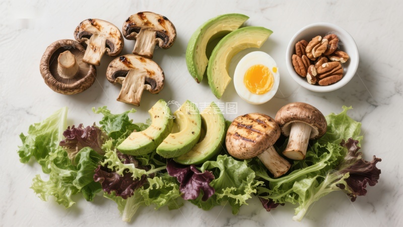 高清大图下载【趣麦麦图】新鲜蔬菜与烤蘑菇的健康搭配
