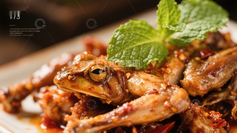 高清大图下载【趣麦麦图】香辣青蛙料理，点缀薄荷叶
