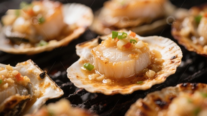 高清大图下载【趣麦麦图】烤制扇贝，蒜蓉点缀