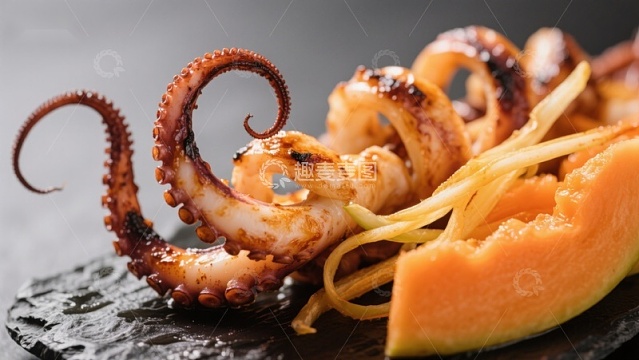 烤章鱼搭配南瓜丝的美食特写