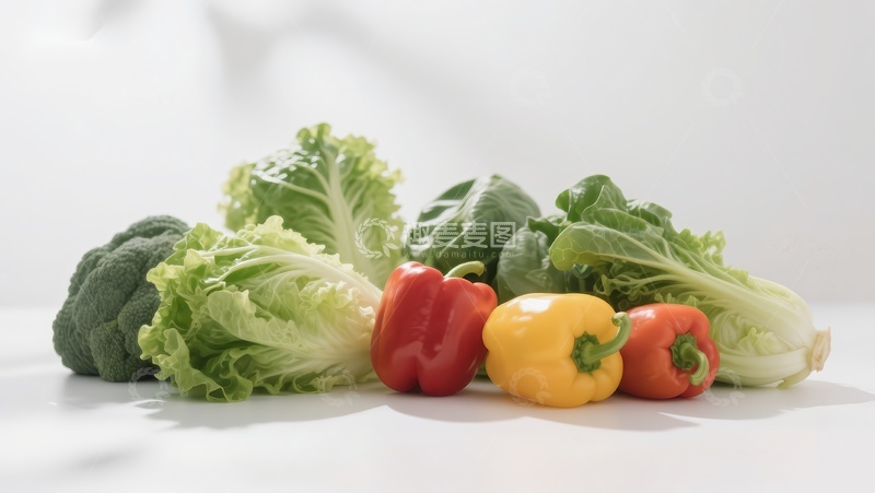 高清大图下载【趣麦麦图】新鲜蔬菜组合：彩椒与绿叶菜