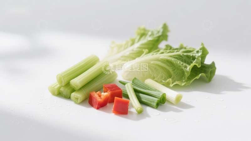 高清大图下载【趣麦麦图】新鲜蔬菜切片，包括生菜、芹菜和红椒