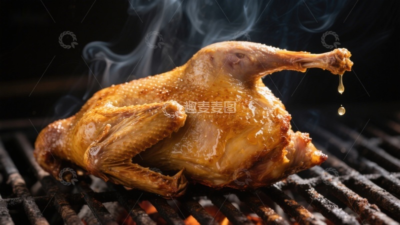 高清大图下载【趣麦麦图】烤鸡在烧烤架上冒烟