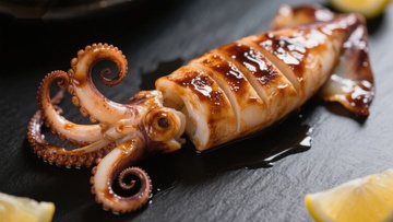 酱汁淋洒的烤鱿鱼特写