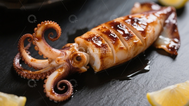 高清大图下载【趣麦麦图】酱汁淋洒的烤鱿鱼特写