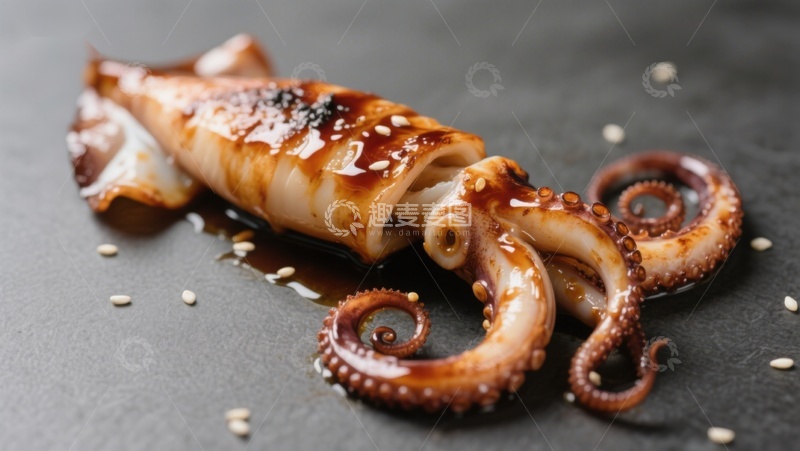 高清大图下载【趣麦麦图】酱汁淋洒的烤鱿鱼特写