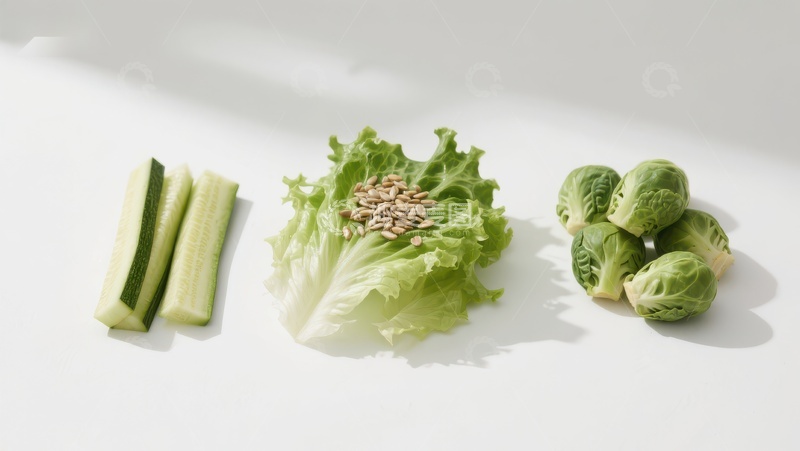 高清大图下载【趣麦麦图】新鲜蔬菜组合：黄瓜、生菜与布鲁塞尔芽
