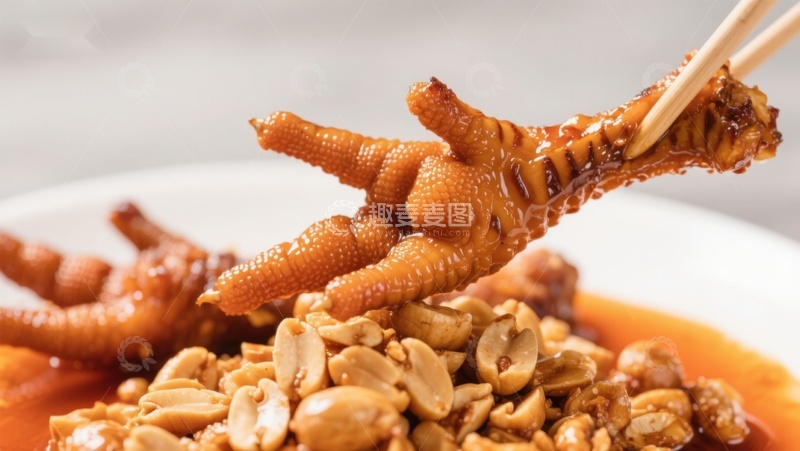 高清大图下载【趣麦麦图】美味鸡爪配花生，筷子夹起特写