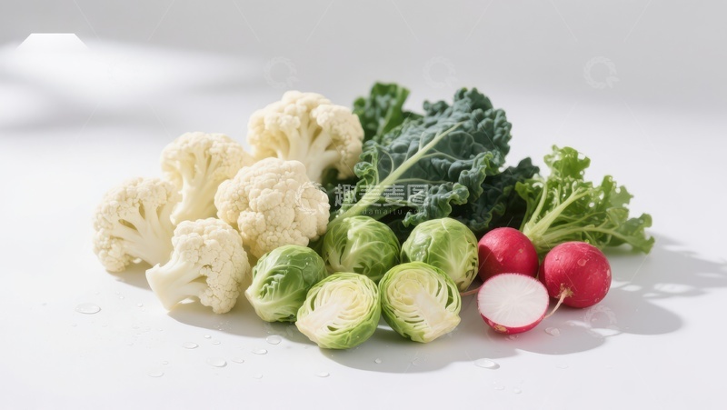 高清大图下载【趣麦麦图】新鲜蔬菜组合：花椰菜、甘蓝和樱桃萝卜
