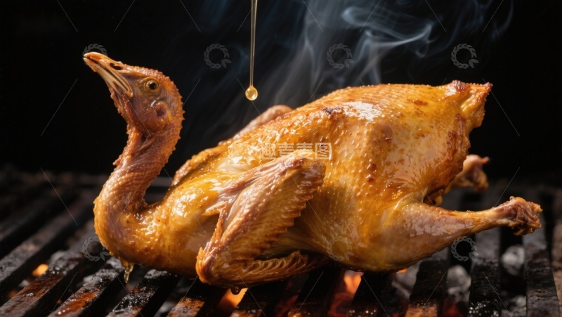 高清大图下载【趣麦麦图】烤鸡在烧烤架上滴油冒烟