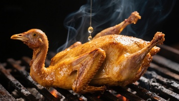 烤鸭在烧烤架上冒着热气