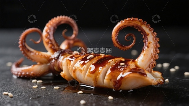 酱汁淋洒的鱿鱼美食特写