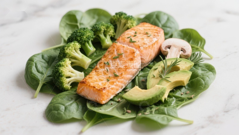 高清大图下载【趣麦麦图】三文鱼配菠菜、西兰花和牛油果