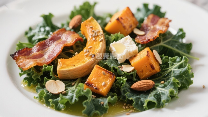 高清大图下载【趣麦麦图】烤南瓜培根沙拉配芝麻和坚果