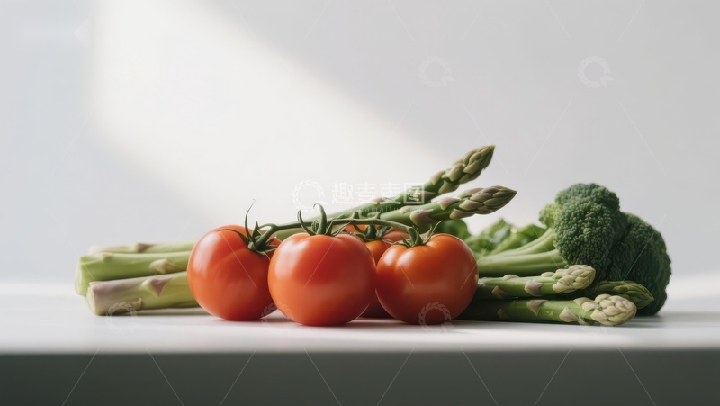 高清大图下载【趣麦麦图】新鲜蔬菜组合：番茄、芦笋与西兰花
