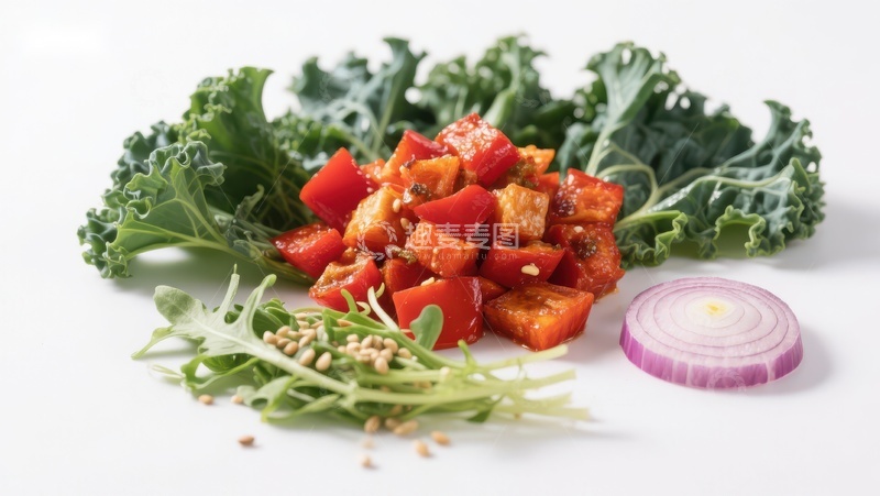 高清大图下载【趣麦麦图】新鲜蔬菜拼盘：羽衣甘蓝、甜椒与洋葱
