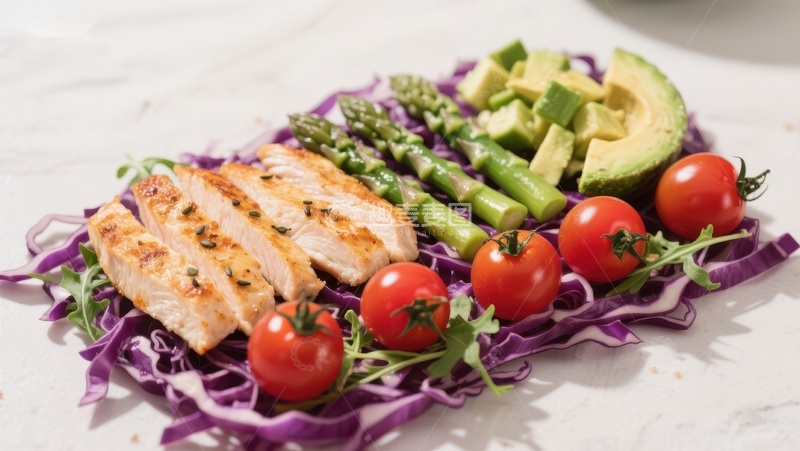 高清大图下载【趣麦麦图】烤鸡胸配紫甘蓝、芦笋和牛油果沙拉