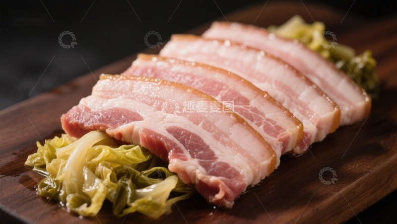 高清大图下载【趣麦麦图】切片培根配生菜，木质砧板上