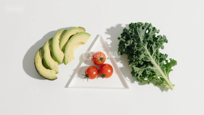 高清大图下载【趣麦麦图】健康食材三角排列：牛油果、樱桃番茄与羽衣甘蓝
