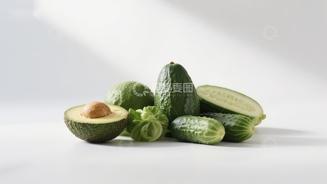 新鲜绿色蔬菜与水果组合