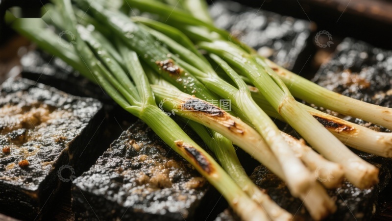 高清大图下载【趣麦麦图】烤制的青葱与石板