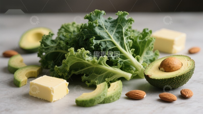 高清大图下载【趣麦麦图】新鲜绿叶蔬菜与坚果黄油组合
