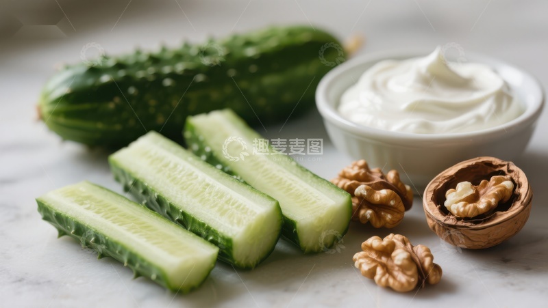 高清大图下载【趣麦麦图】黄瓜核桃配酸奶健康小食