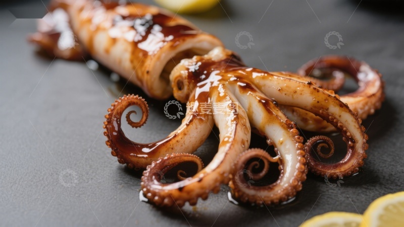 高清大图下载【趣麦麦图】酱汁淋洒的鱿鱼美食特写