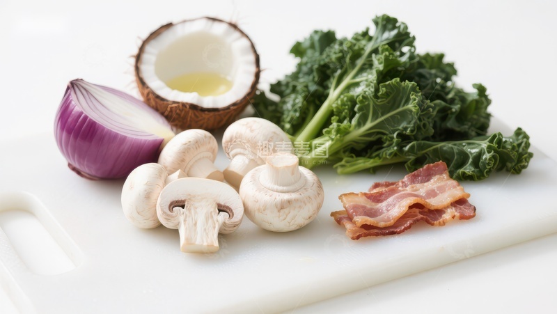 高清大图下载【趣麦麦图】新鲜食材：蘑菇、椰子、洋葱、羽衣甘蓝和培根