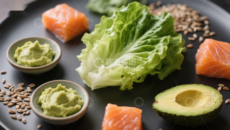 高清大图下载【趣麦麦图】健康食材组合：三文鱼、牛油果与生菜