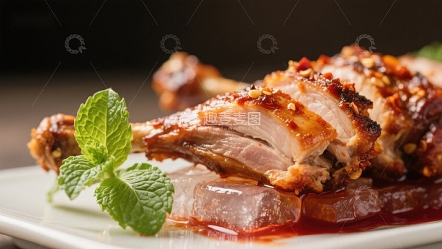 香辣烤鸭腿配薄荷装饰