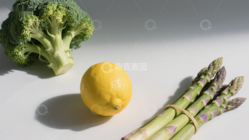 高清大图下载【趣麦麦图】西兰花、柠檬与芦笋的静物组合
