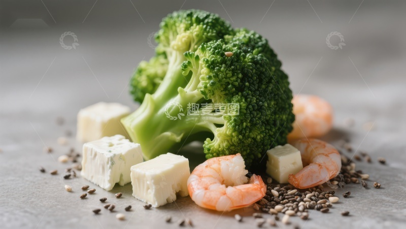 高清大图下载【趣麦麦图】新鲜西兰花配虾仁与奶酪