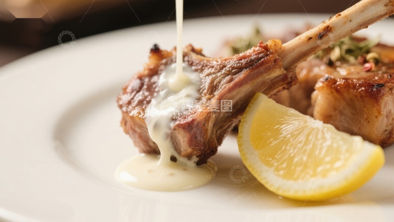 高清大图下载【趣麦麦图】羊排配柠檬与酱汁